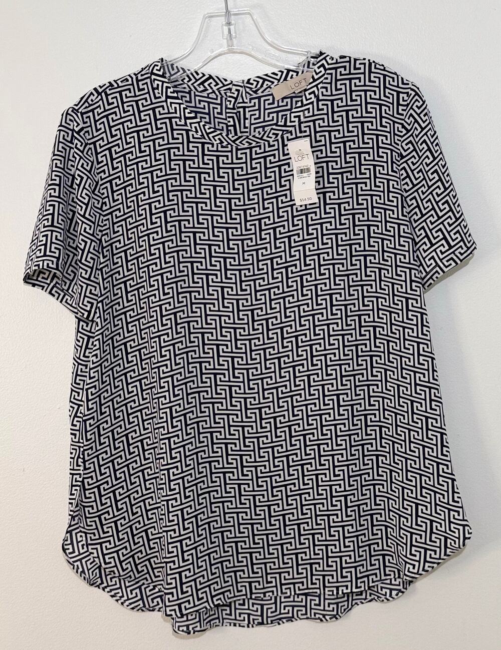 LOFT Navy & White Greek Key Geometric Print Short Sleeve Blouse | Medium | NWT